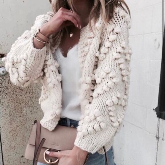 Chicwish Knit Your Love Ivory Heart Shape Pompoms Chunky Knit Cardigan Sweater S - Picture 7 of 13